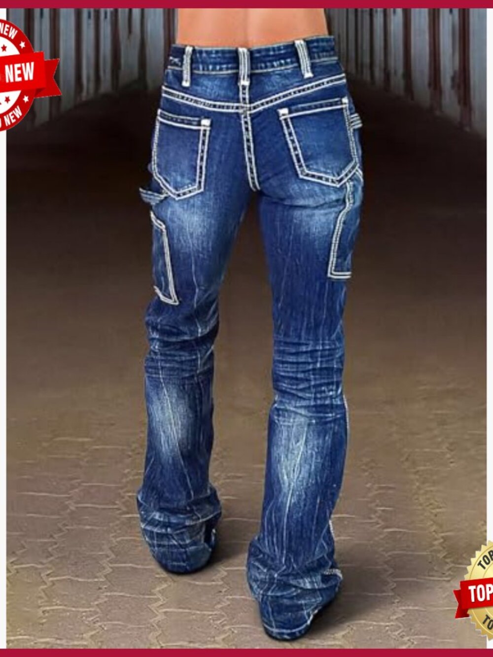 Mid Waist Bootcut Jeans Stretchy Denim Flare Stitch Detail - Picture 3 of 5